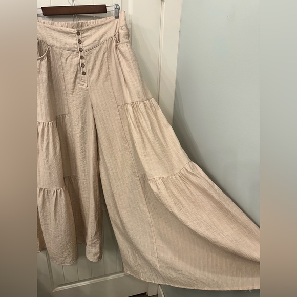 Polagram Tiered Tide Flowy Wide Leg Boho Palazzo Pants - Tan/Beige - L - Picture 3 of 5